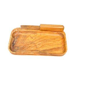 Vintage Oliv-Art Olive Wood Butter Dish with Metal Knife Made in Spain